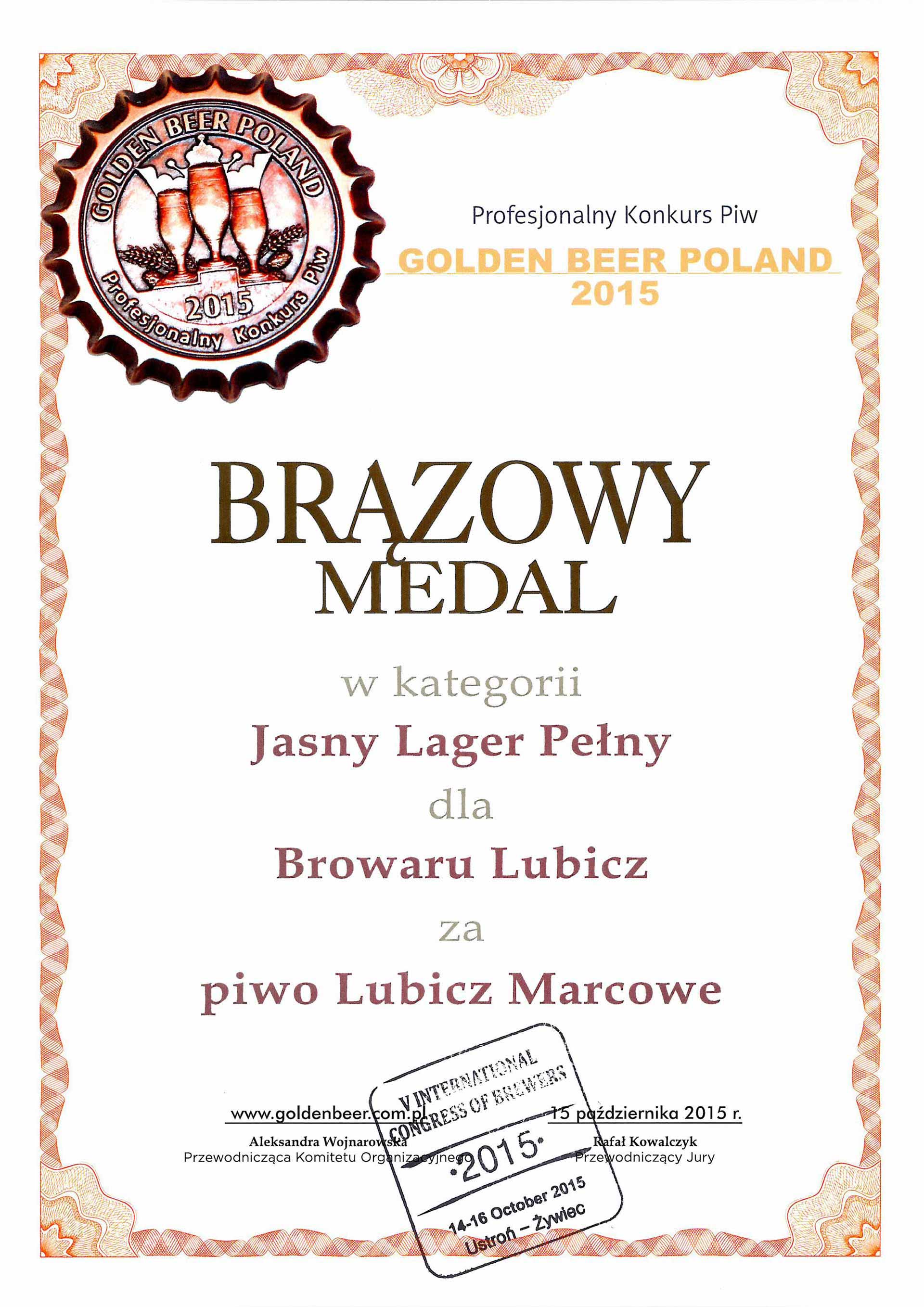Browaru Lubicz nagrodzone Golden Beer Poland 2015